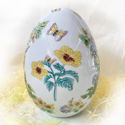 Cornici in argento: Uovo Ceramica Dipinta fiori gialli e uccellini h.10cm